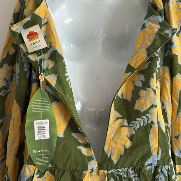 FARM RIO Foliage Sketch Green LongSleeve Linen MiniDress Tropical Lace-Up XL NWT - Picture 12 of 16